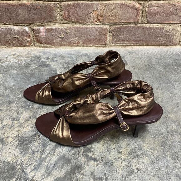Arturo Chiang Gold/Bronze Leather Sling Back Sandal Heel Size 7 - Picture 4 of 9